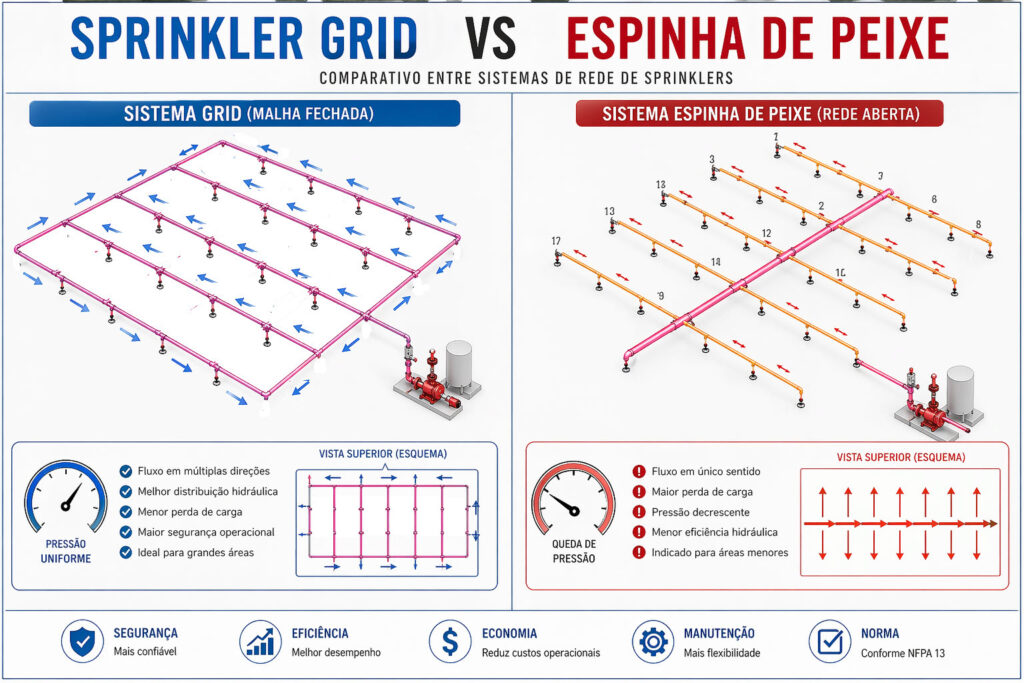 Sistema Sprinkler GRID vs Espinha de PEIXE: qual escolher no projeto?