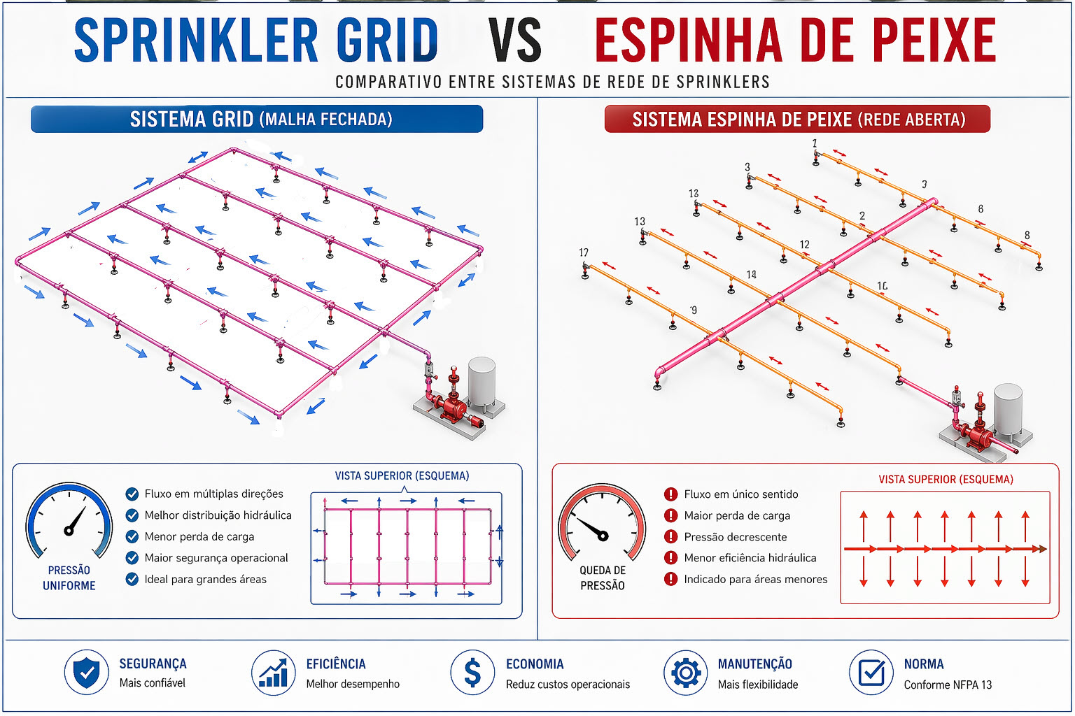 sistema sprinkler grid vs espinha de peixe comparativo rede de sprinklers