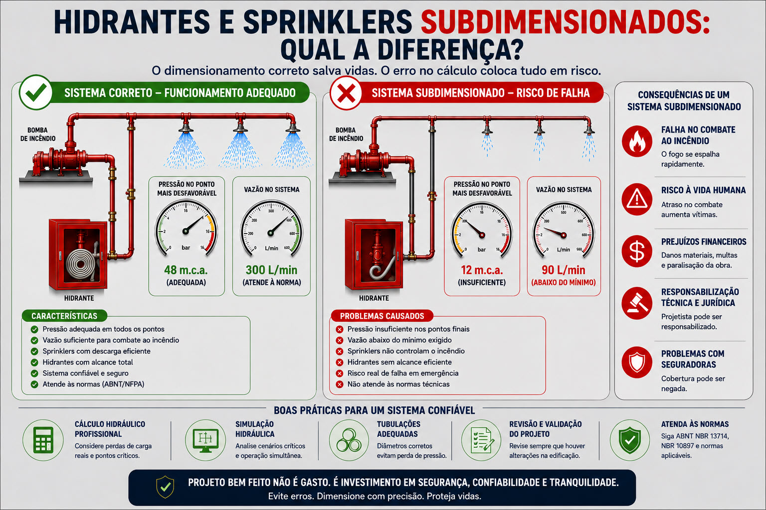 hidrantes e sprinklers subdimensionados em projeto PPCI com falha hidráulica e perda de pressão