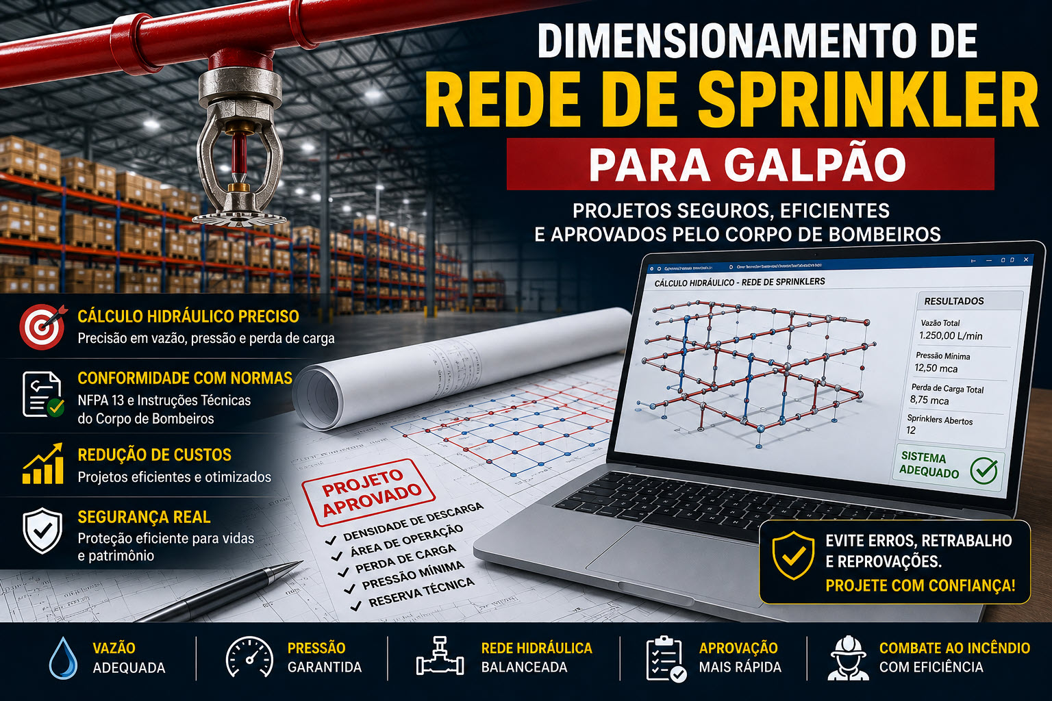 dimensionamento de sprinklers para galpão com cálculo hidráulico e rede de incêndio industrial