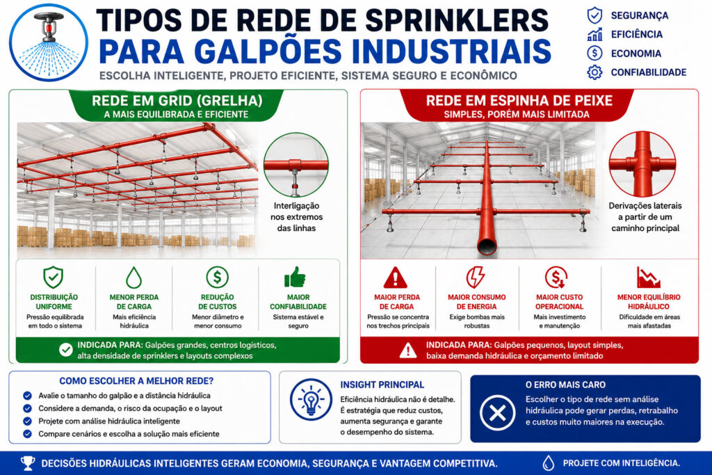 tipos de rede de sprinklers para galpões industriais em malha e espinha de peixe