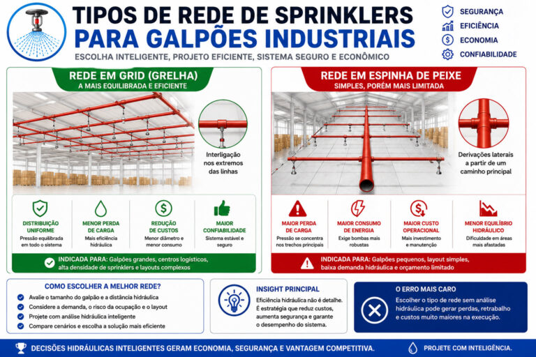 TIPOS DE REDE DE SPRINKLERS PARA GALPÕES INDUSTRIAIS: O DETALHE QUE DEFINE O SUCESSO OU O COLAPSO DO SEU PROJETO