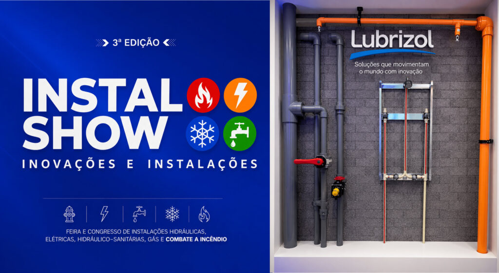 FireSystem Sprinkler na Instal Show 2026 durante visita ao estande da Lubrizol com soluções para projetos de incêndio.
